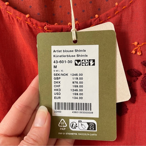 Gudrun Sjoden Shimla Artist Blouse Cotton Linen Red Size Medium Embroidered Bead - Picture 8 of 11
